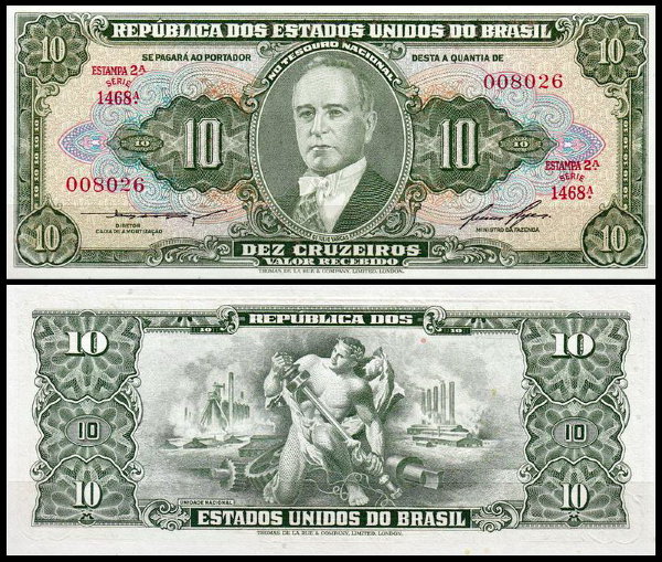 Бразилия 10 крузейро 1953-1960 (UNC Pick 159d) Подпись 6