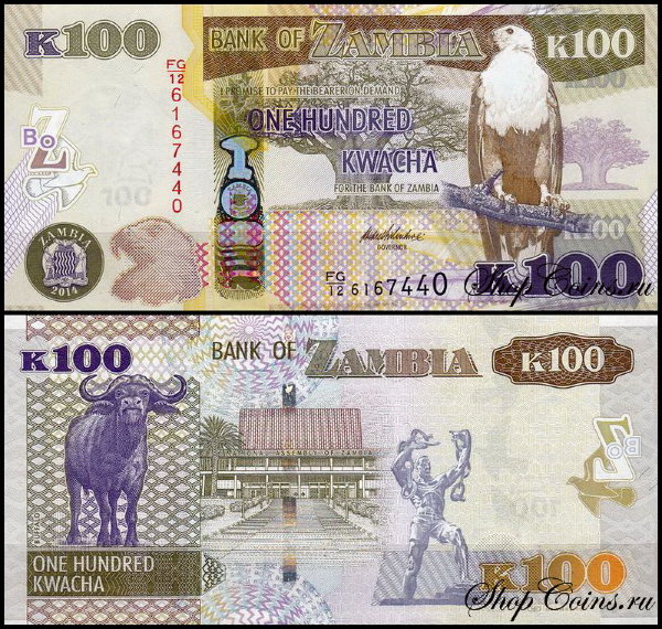 Замбия 100 квача 2012-2015 (UNC Pick 54)