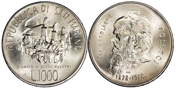 Сан Марино, 1000 лир 1978 (UNC, серебро) 150 лет со дня рождения писателя Льва Толстого