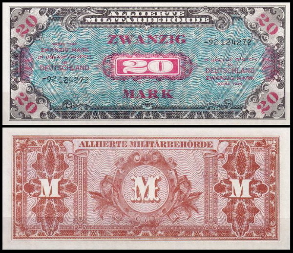 Германия 20 марок 1944 UNC P.195 Номер 8 цифр
