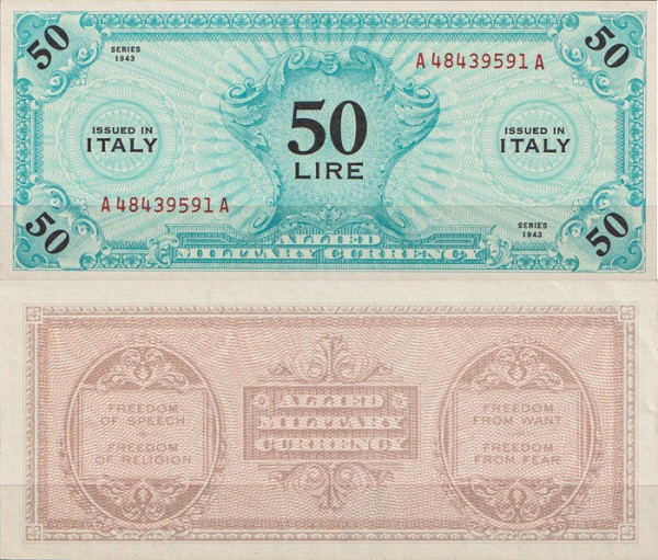 Италия 50 лир 1943 (UNC Pick M14)