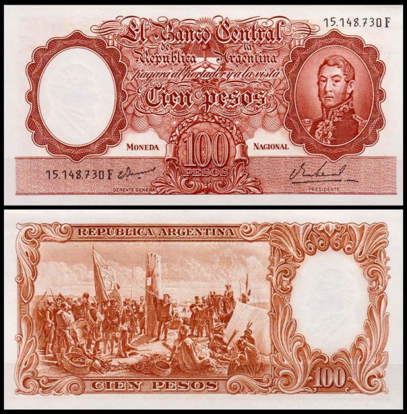 Аргентина 100 песо 1967-1969 (UNC Pick 277) Серия F