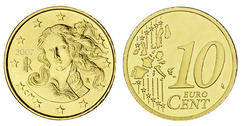 Италия, 10 центов 2007 (UNC, латунь)
