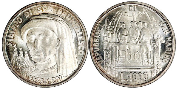 Сан Марино, 1000 лир 1977 (UNC, серебро) 600 лет со дня рождения архитектора Филиппо Брунеллески