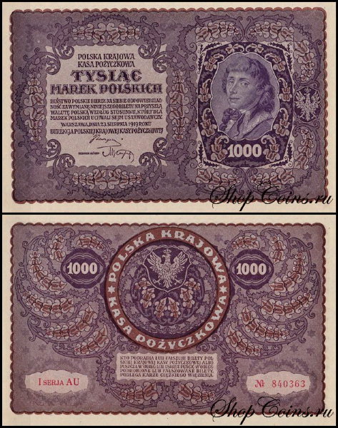 Польша 1000 марок 1919 (UNC Pick 29)