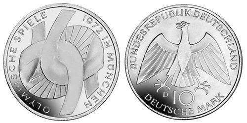 Германия, 10 марок 1972 год, XX Олимпийские игры в Мюнхене, Узел, ПРУФ