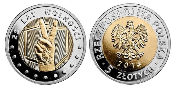 Польша 5 злотых 2014 год 25 лет независимости 