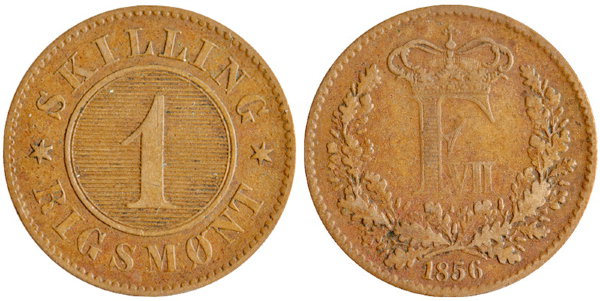 Дания, 1 скиллинг 1856 год, XF