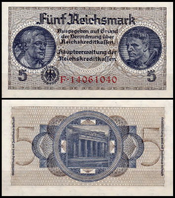 Германия 5 марок 1940-1945 UNC P.R138b Для оккупированных территорий