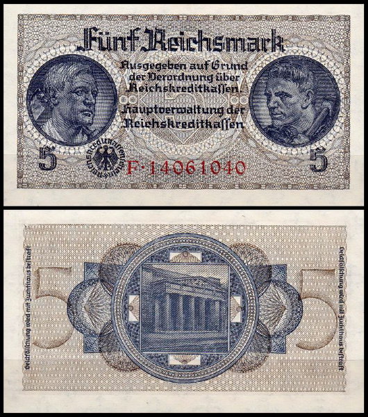Германия 5 марок 1940-1945 UNC P.R138b Для оккупированных территорий
