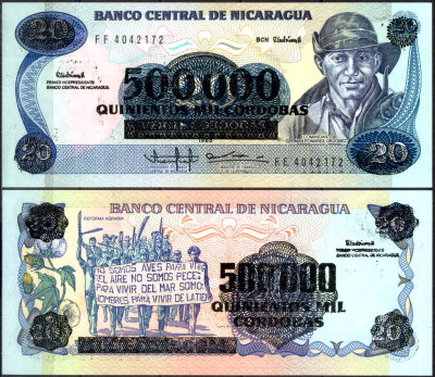 Никарагуа 500000 кордоба 1990 (UNC Pick 163) На банкноте 20 кордоба