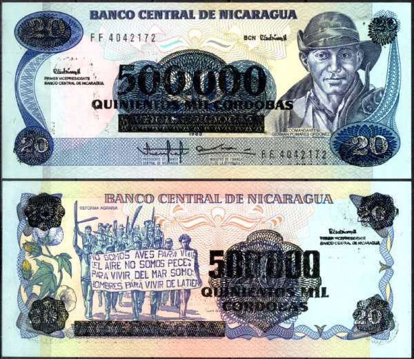 Никарагуа 500000 кордоба 1990 (UNC Pick 163) На банкноте 20 кордоба