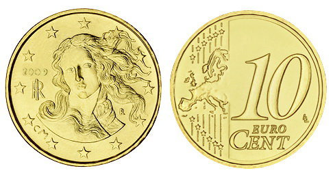 Италия, 10 центов 2009 (UNC, латунь)