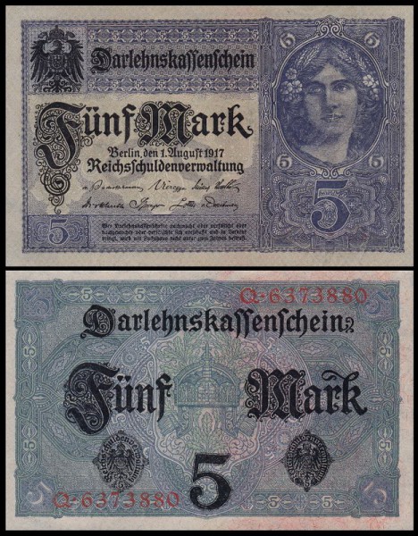 Германия 5 марок 1917 UNC P.56a Фиолетовая