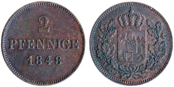 Бавария, 2 пфеннига 1848 год, XF