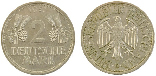 Германия, 2 марки 1951D год, XF №1