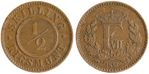 Дания, 1/2 скиллинга 1857 год, XF