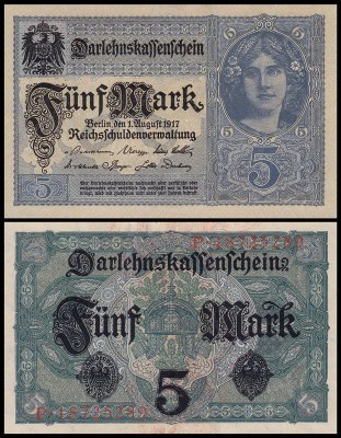 Германия 5 марок 1917 UNC P.56c Бледно-голубая