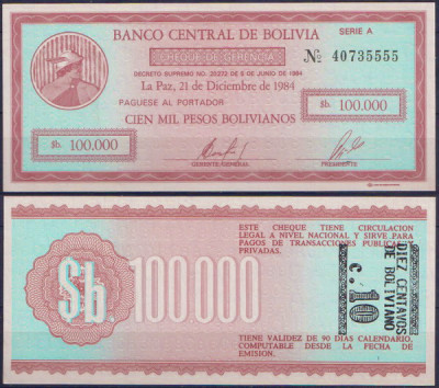 Боливия 10 сентаво 1987 (UNC Pick 197) На банкноте 100000 боливиано