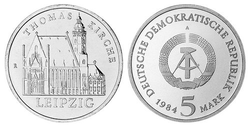 ГДР, 5 марок 1984 год, Томаскирхе в Лейпциге