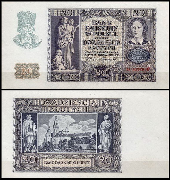 Польша 20 злотых 1940 (UNC Pick 95)