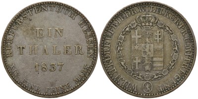 Гессен-Кассель 1 талер 1837 Вильгельм II Гессен-Кассельский (1821-1847) и Фридрих Вильгельм I (1831-1847)