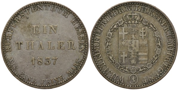 Гессен-Кассель 1 талер 1837 Вильгельм II Гессен-Кассельский (1821-1847) и Фридрих Вильгельм I (1831-1847)