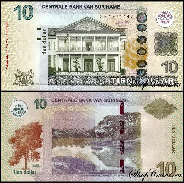 Суринам 10 долларов 2010-2012 (UNC Pick 163)