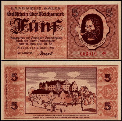 Аален 5 марок 1945 (UNC)
