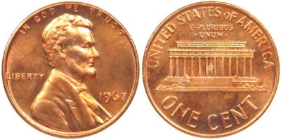 США, 1 цент 1967 год, UNC