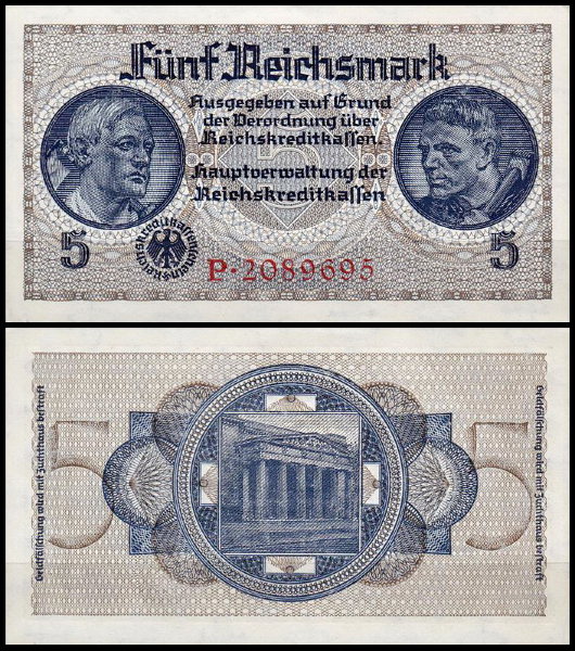 Германия 5 марок 1940-1945 UNC P.R138a Для оккупированных территорий