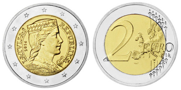 Латвия, 2 евро 2014 (UNC, биметалл)
