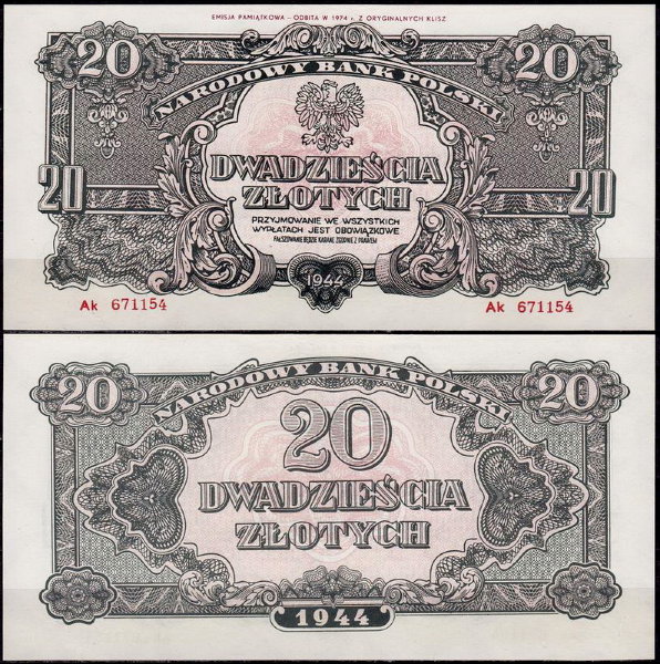 Польша 20 злотых 1944 (UNC Pick 113b)