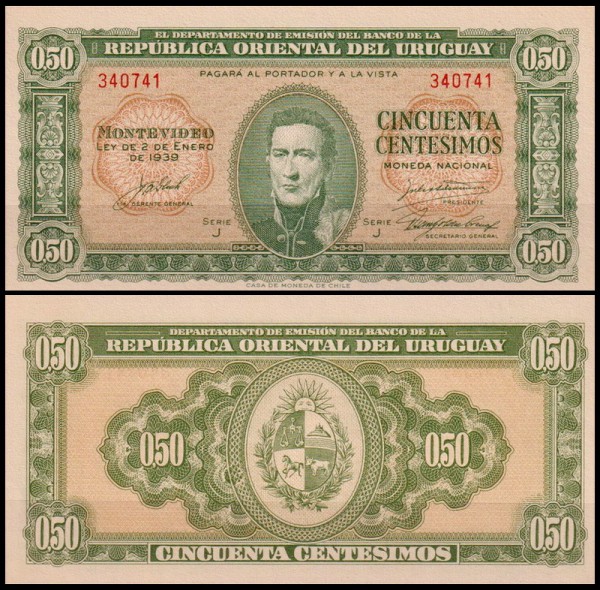 Уругвай 0,5 песо 1939 (UNC Pick 34)