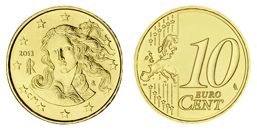 Италия, 10 центов 2013 (UNC, латунь)