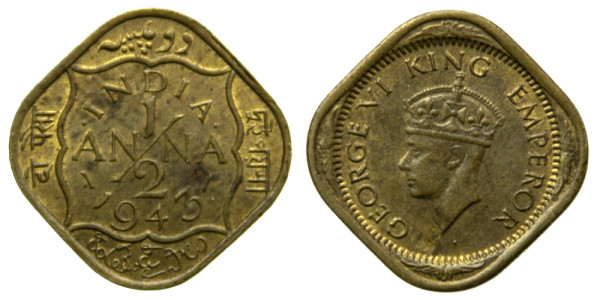 Индия, 1/2 анны 1943 год