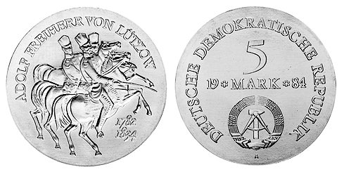 ГДР, 5 марок 1984 год, Адольф Фрейхер фон Лютцов