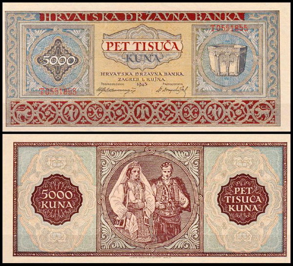 Хорватия 5000 куна 1943 (UNC Pick 13)