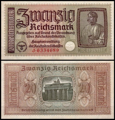 Германия 20 марок 1940-1945 UNC P.R139 Для оккупированных территорий
