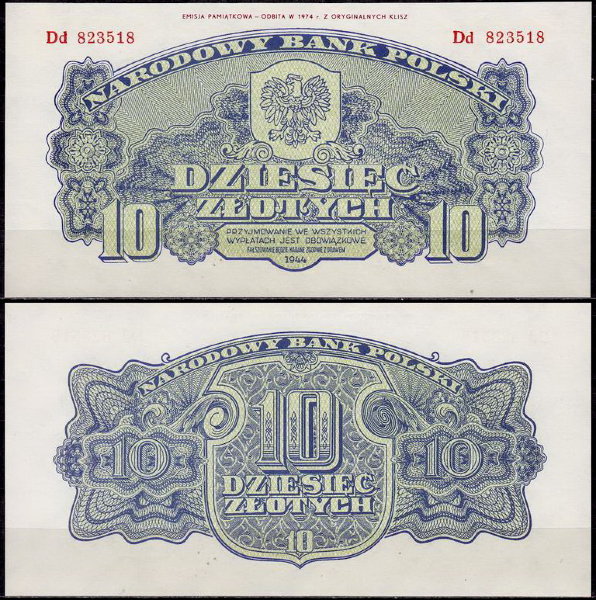 Польша 10 злотых 1944 (UNC Pick 111b)