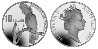 Австралия, 10 долларов 1997 (PROOF, серебро) Флора и фауна Австралии, Попугай чёрный какаду