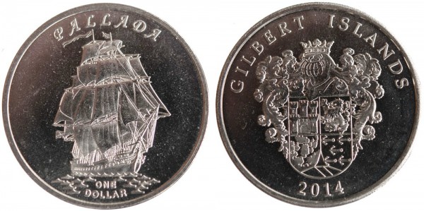 Гилберта острова, 1 доллар 2014 год, Парусник «Pallada», UNC