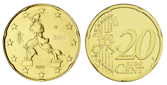 Италия, 20 центов 2007 (UNC, латунь)