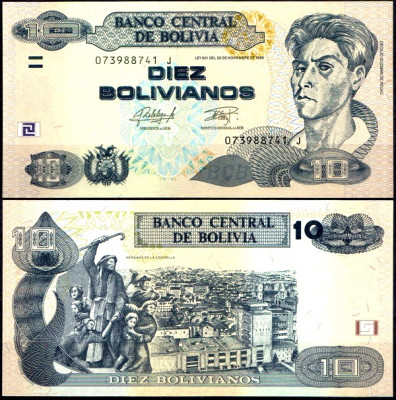 Боливия 10 боливиано 1986 (UNC Pick 210) Серия J