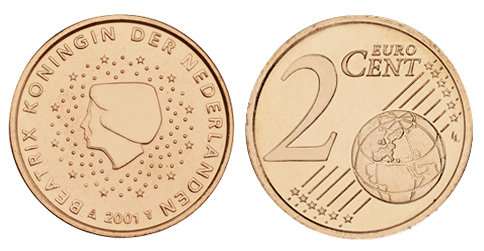 Нидерланды, 2 цента 2001 (UNC, медь)