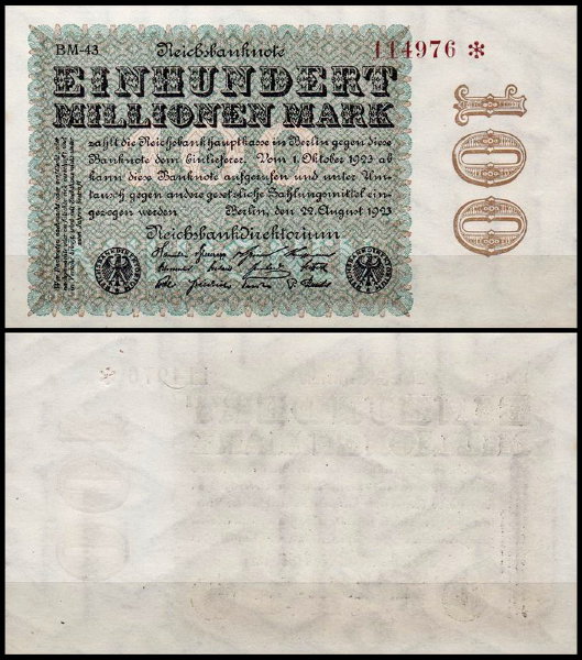 Германия 100.000.000 марок 1923 UNC P.107 Вариант 2