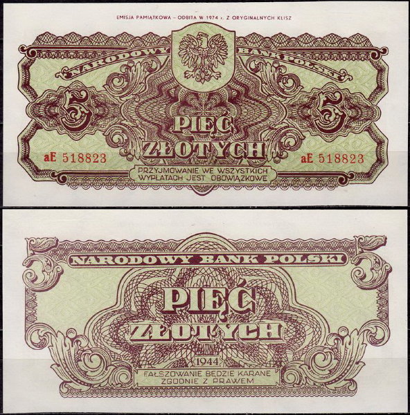 Польша 5 злотых 1944 (UNC Pick 109b)