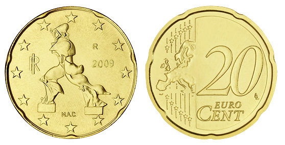 Италия, 20 центов 2009 (UNC, латунь)
