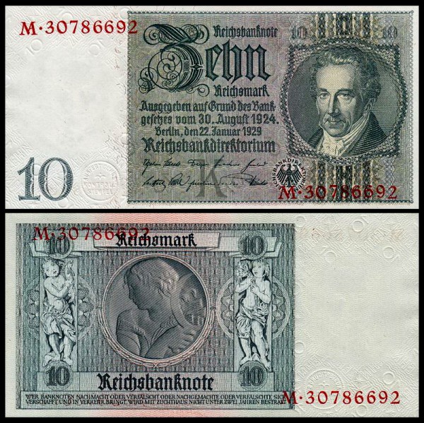 Германия 10 марок 1929 UNC P.180a в/з портрет