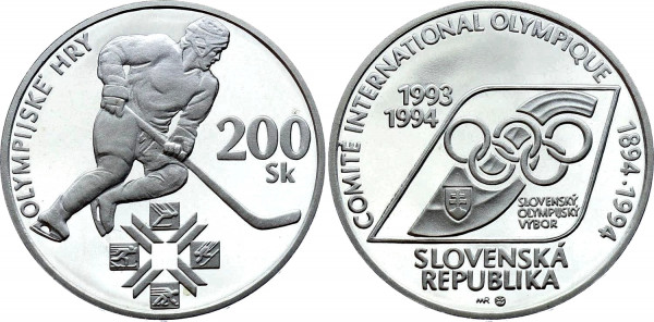 Словакия, 200 крон 1994 год, Хоккей, ПРУФ